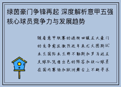 绿茵豪门争锋再起 深度解析意甲五强核心球员竞争力与发展趋势
