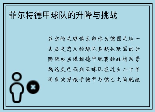 菲尔特德甲球队的升降与挑战